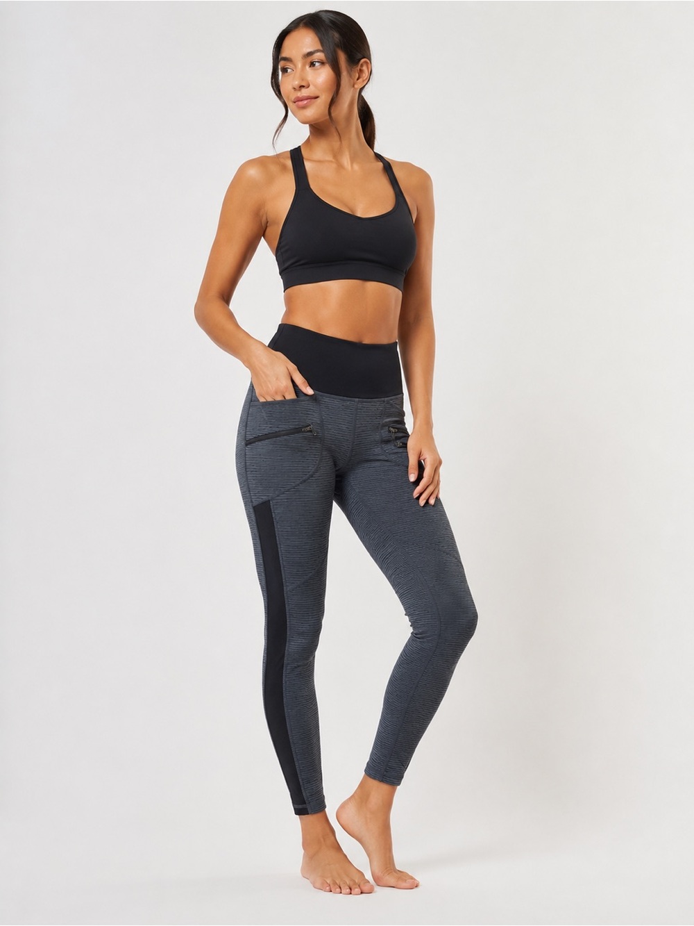 Zella High Rise Leggings Zip Pocket Blue Gray Black Striped Size M